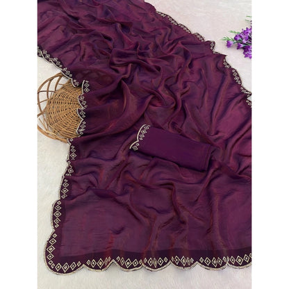 Generic Women's Satin Embellished Saree With Unstitched Blouse 5.5Mtr (Wine)