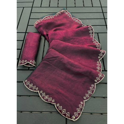 Generic Women's Satin Embellished Saree With Unstitched Blouse 5.5Mtr (Burgundy)