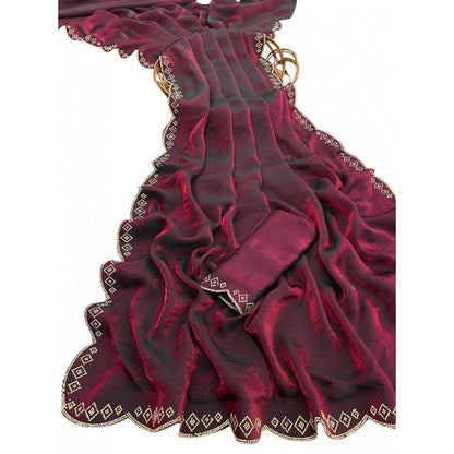 Generic Women's Satin Embellished Saree With Unstitched Blouse 5.5Mtr (Burgundy)