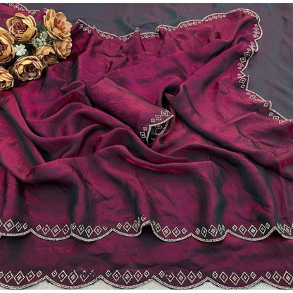 Generic Women's Satin Embellished Saree With Unstitched Blouse 5.5Mtr (Burgundy)