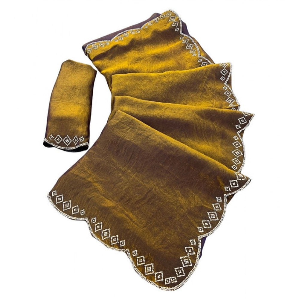 Generic Women's Satin Embellished Saree With Unstitched Blouse 5.5Mtr (Mustard)