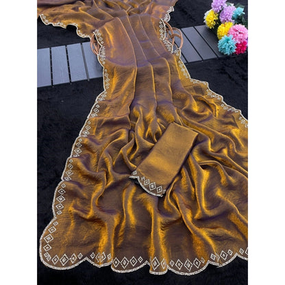Generic Women's Satin Embellished Saree With Unstitched Blouse 5.5Mtr (Mustard)