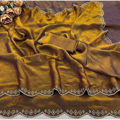 Generic Women's Satin Embellished Saree With Unstitched Blouse 5.5Mtr (Mustard)