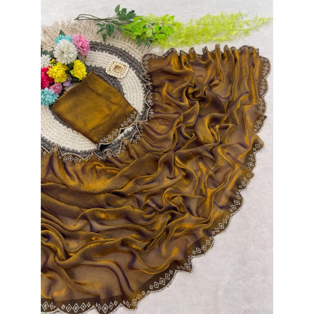 Generic Women's Satin Embellished Saree With Unstitched Blouse 5.5Mtr (Mustard)