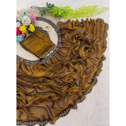 Generic Women's Satin Embellished Saree With Unstitched Blouse 5.5Mtr (Mustard)