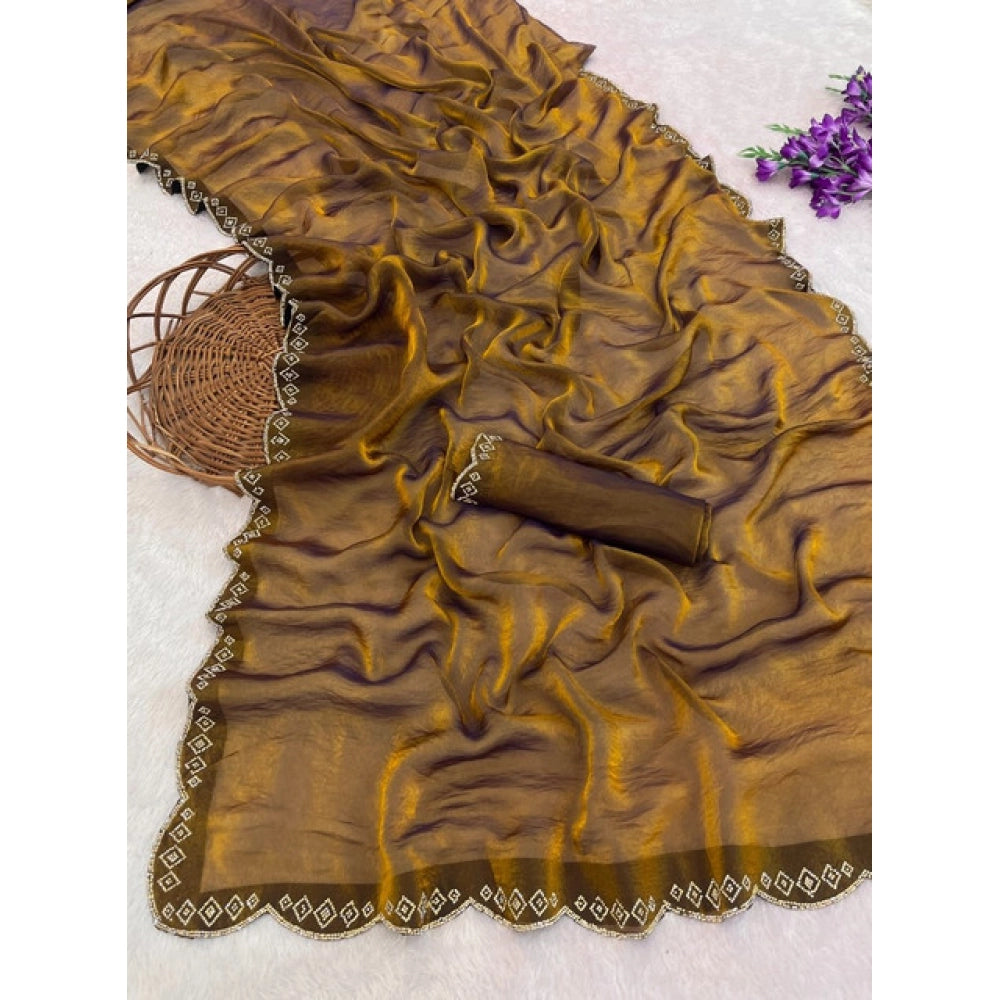Generic Women's Satin Embellished Saree With Unstitched Blouse 5.5Mtr (Mustard)