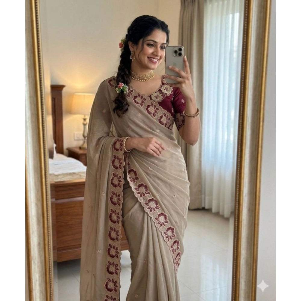 Generic Women's Star Georgette Embroidered Saree With Unstitched Blouse 5.5Mtr (Beige)