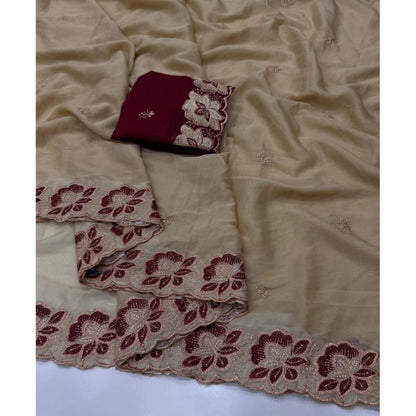 Generic Women's Star Georgette Embroidered Saree With Unstitched Blouse 5.5Mtr (Beige)