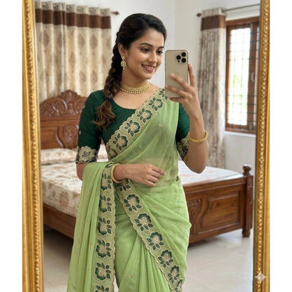 Generic Women's Star Georgette Embroidered Saree With Unstitched Blouse 5.5Mtr (Green)