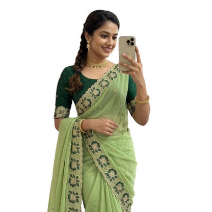 Generic Women's Star Georgette Embroidered Saree With Unstitched Blouse 5.5Mtr (Green)