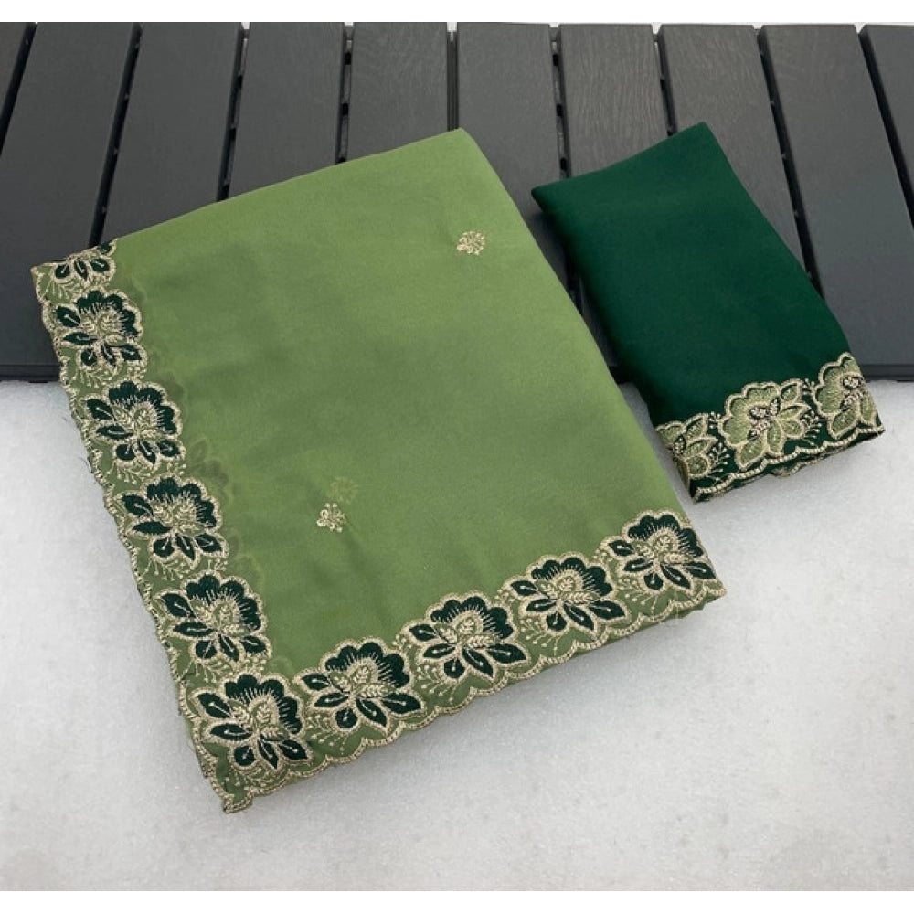 Generic Women's Star Georgette Embroidered Saree With Unstitched Blouse 5.5Mtr (Green)