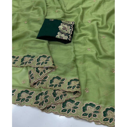 Generic Women's Star Georgette Embroidered Saree With Unstitched Blouse 5.5Mtr (Green)