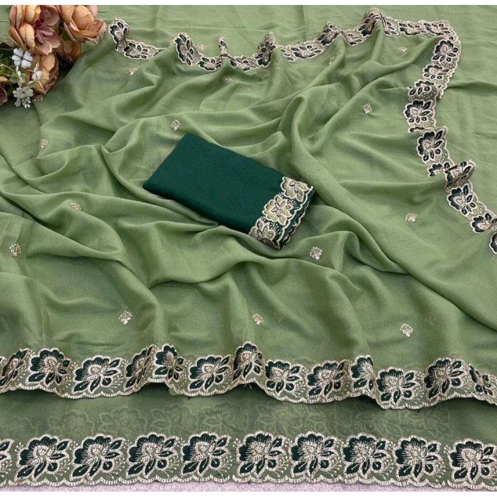 Generic Women's Star Georgette Embroidered Saree With Unstitched Blouse 5.5Mtr (Green)