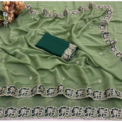 Generic Women's Star Georgette Embroidered Saree With Unstitched Blouse 5.5Mtr (Green)