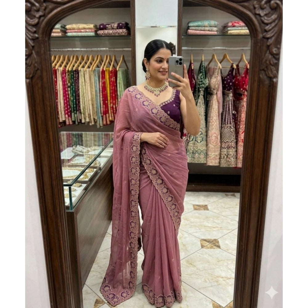 Generic Women's Star Georgette Embroidered Saree With Unstitched Blouse 5.5Mtr (Pink)