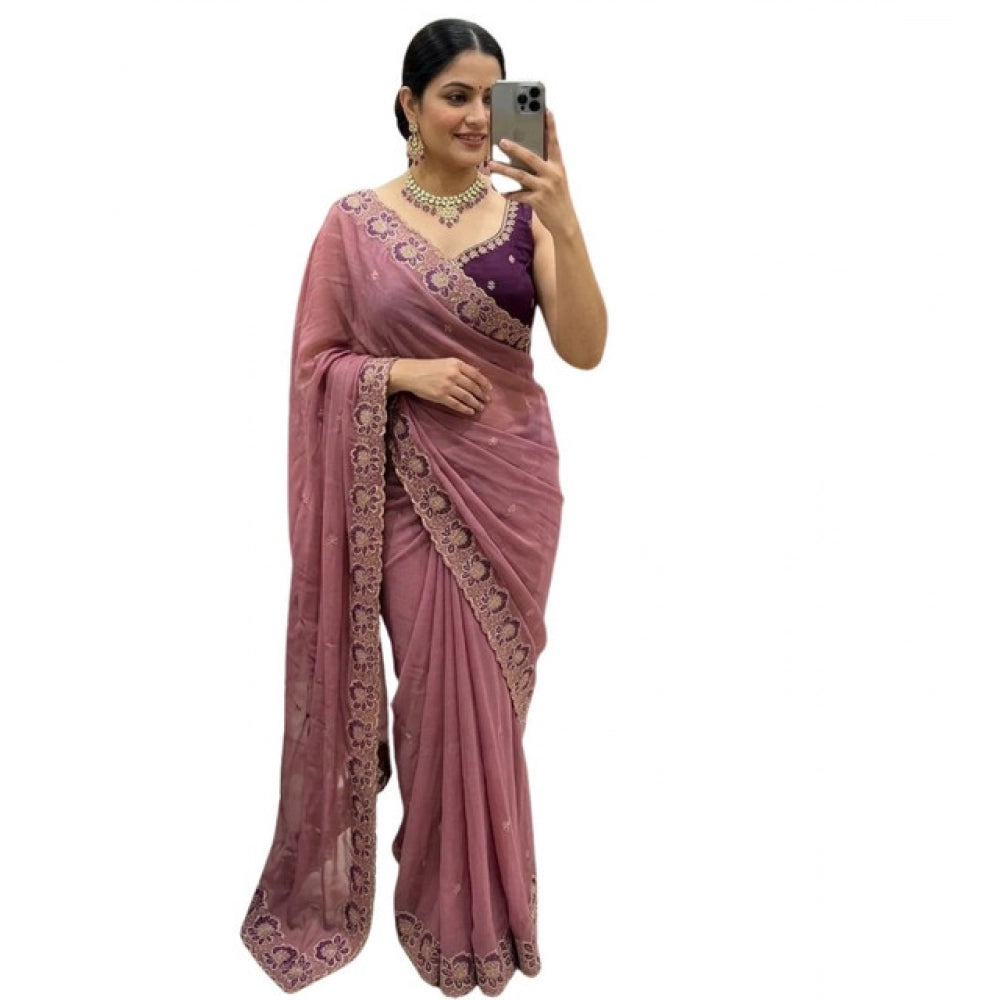Generic Women's Star Georgette Embroidered Saree With Unstitched Blouse 5.5Mtr (Pink)