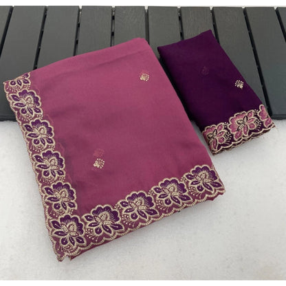 Generic Women's Star Georgette Embroidered Saree With Unstitched Blouse 5.5Mtr (Pink)