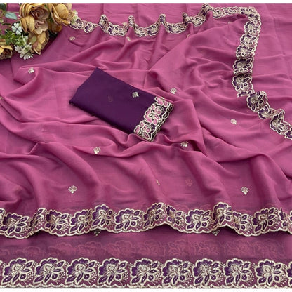 Generic Women's Star Georgette Embroidered Saree With Unstitched Blouse 5.5Mtr (Pink)