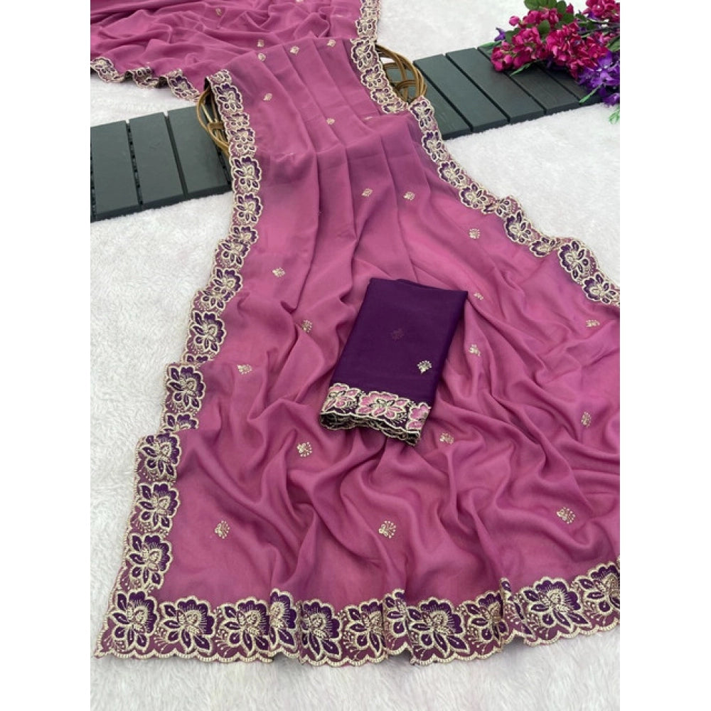 Generic Women's Star Georgette Embroidered Saree With Unstitched Blouse 5.5Mtr (Pink)