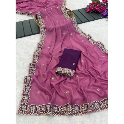Generic Women's Star Georgette Embroidered Saree With Unstitched Blouse 5.5Mtr (Pink)