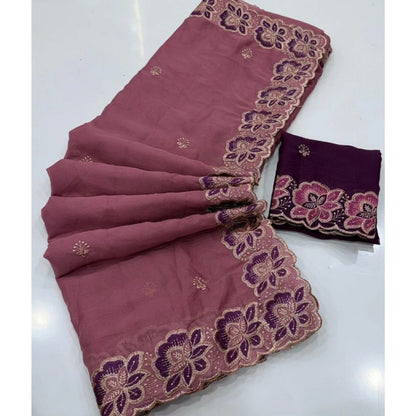 Generic Women's Star Georgette Embroidered Saree With Unstitched Blouse 5.5Mtr (Pink)