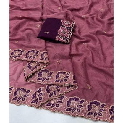 Generic Women's Star Georgette Embroidered Saree With Unstitched Blouse 5.5Mtr (Pink)