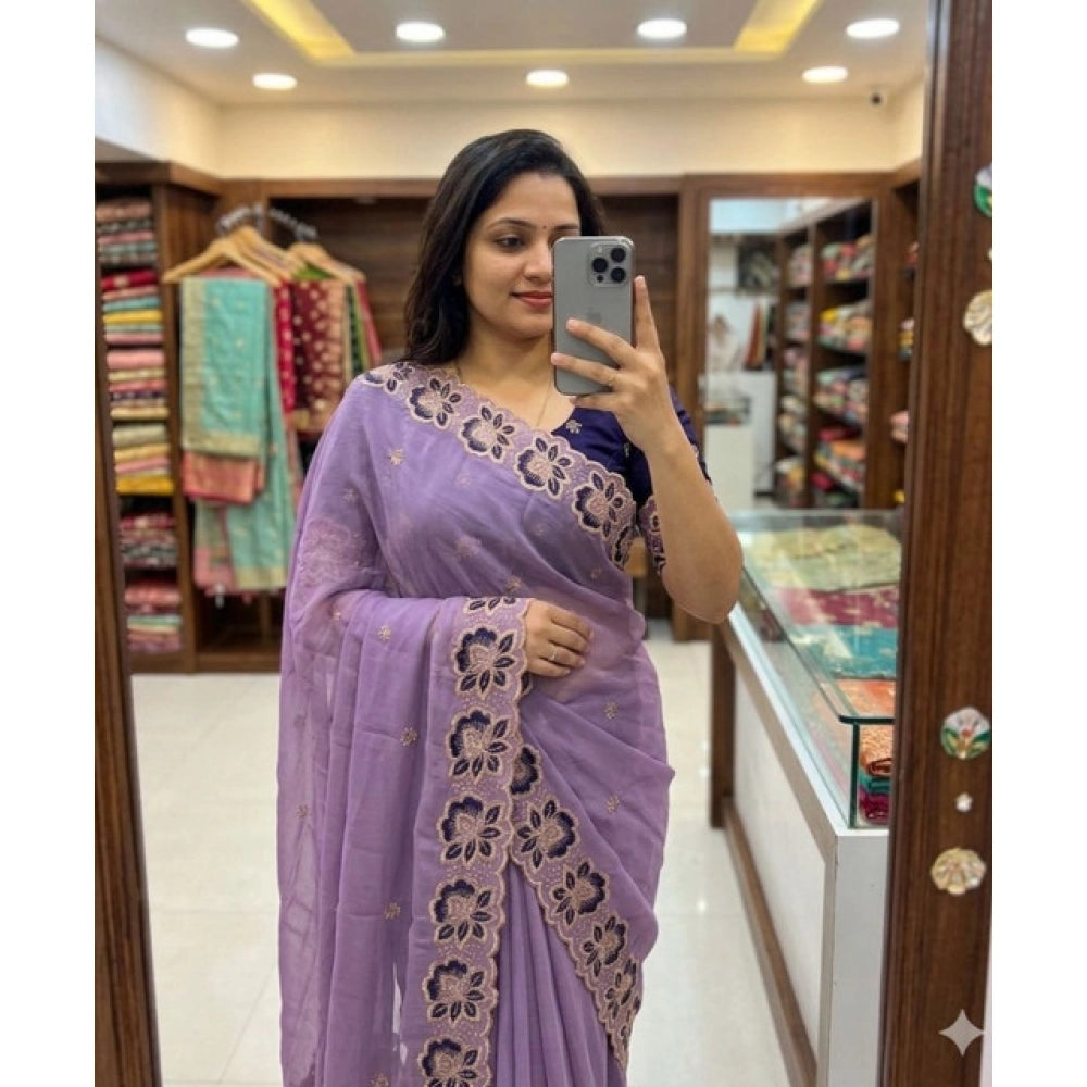 Generic Women's Star Georgette Embroidered Saree With Unstitched Blouse 5.5Mtr (Purple)