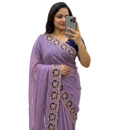 Generic Women's Star Georgette Embroidered Saree With Unstitched Blouse 5.5Mtr (Purple)