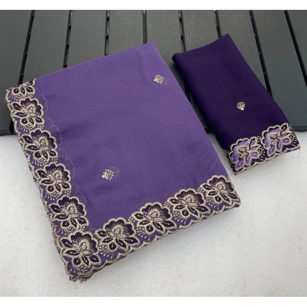 Generic Women's Star Georgette Embroidered Saree With Unstitched Blouse 5.5Mtr (Purple)