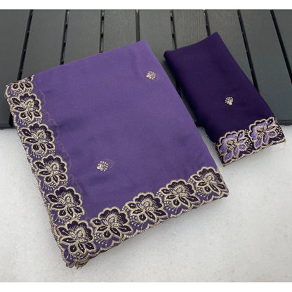 Generic Women's Star Georgette Embroidered Saree With Unstitched Blouse 5.5Mtr (Purple)