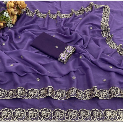 Generic Women's Star Georgette Embroidered Saree With Unstitched Blouse 5.5Mtr (Purple)