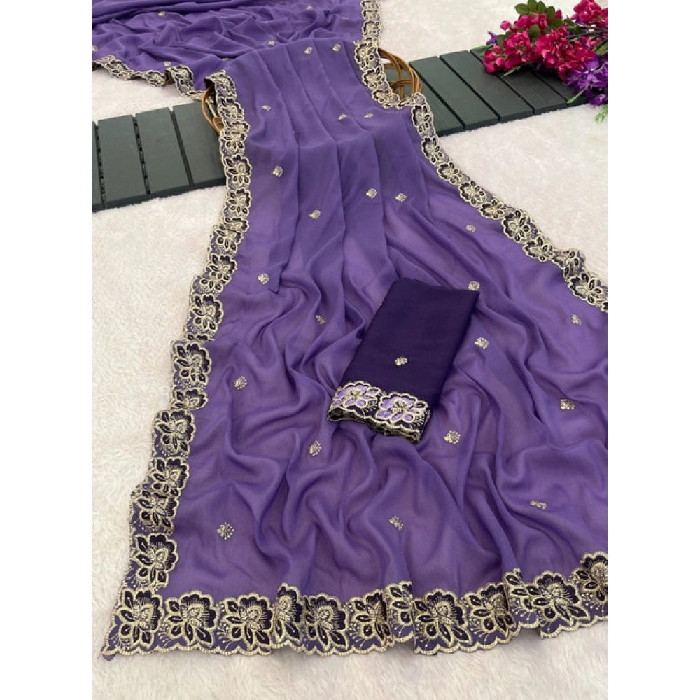 Generic Women's Star Georgette Embroidered Saree With Unstitched Blouse 5.5Mtr (Purple)