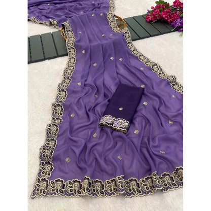 Generic Women's Star Georgette Embroidered Saree With Unstitched Blouse 5.5Mtr (Purple)