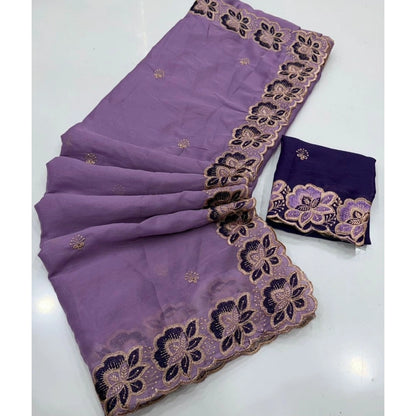 Generic Women's Star Georgette Embroidered Saree With Unstitched Blouse 5.5Mtr (Purple)