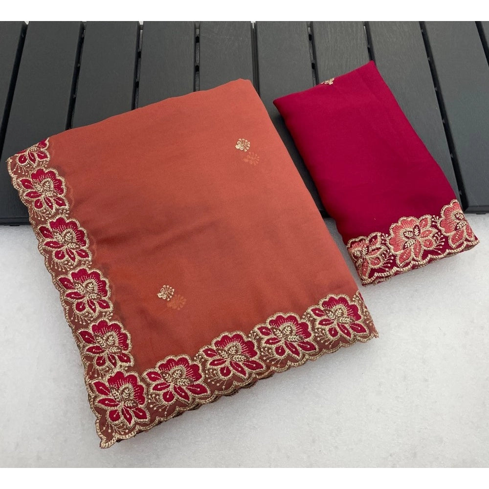 Generic Women's Star Georgette Embroidered Saree With Unstitched Blouse 5.5Mtr (Orange)