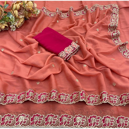 Generic Women's Star Georgette Embroidered Saree With Unstitched Blouse 5.5Mtr (Orange)