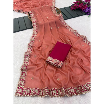 Generic Women's Star Georgette Embroidered Saree With Unstitched Blouse 5.5Mtr (Orange)