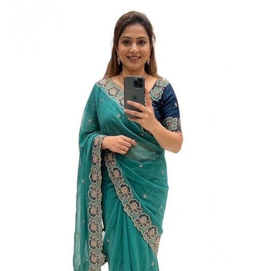 Generic Women's Star Georgette Embroidered Saree With Unstitched Blouse 5.5Mtr (Sea Green)