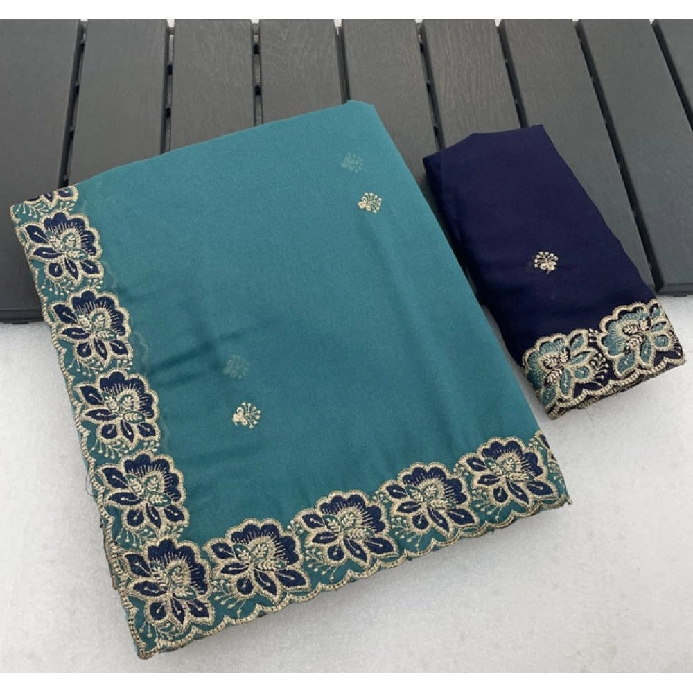 Generic Women's Star Georgette Embroidered Saree With Unstitched Blouse 5.5Mtr (Sea Green)