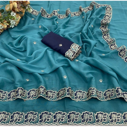 Generic Women's Star Georgette Embroidered Saree With Unstitched Blouse 5.5Mtr (Sea Green)
