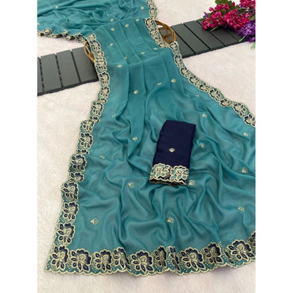 Generic Women's Star Georgette Embroidered Saree With Unstitched Blouse 5.5Mtr (Sea Green)