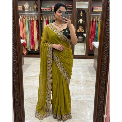 Generic Women's Star Georgette Embroidered Saree With Unstitched Blouse 5.5Mtr (Olive Green)