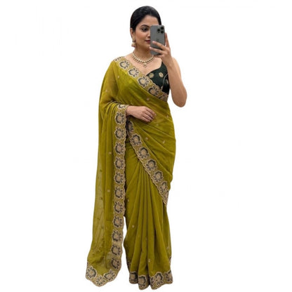 Generic Women's Star Georgette Embroidered Saree With Unstitched Blouse 5.5Mtr (Olive Green)