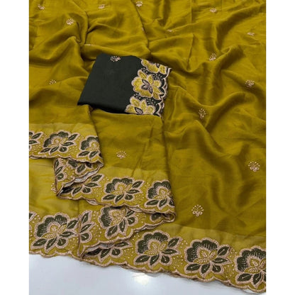 Generic Women's Star Georgette Embroidered Saree With Unstitched Blouse 5.5Mtr (Olive Green)