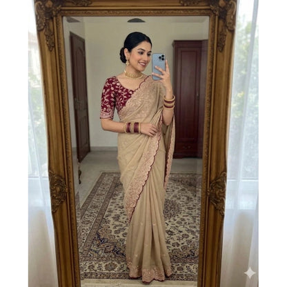 Generic Women's Star Georgette Embroidered Saree With Unstitched Blouse 5.5Mtr (Beige)