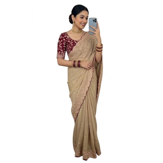 Generic Women's Star Georgette Embroidered Saree With Unstitched Blouse 5.5Mtr (Beige)
