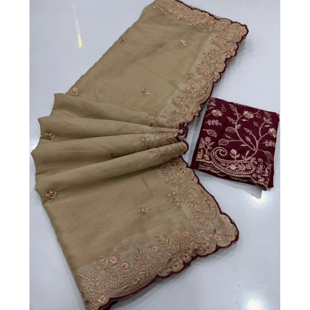 Generic Women's Star Georgette Embroidered Saree With Unstitched Blouse 5.5Mtr (Beige)