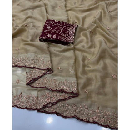 Generic Women's Star Georgette Embroidered Saree With Unstitched Blouse 5.5Mtr (Beige)