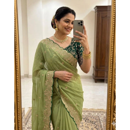Generic Women's Star Georgette Embroidered Saree With Unstitched Blouse 5.5Mtr (Green)