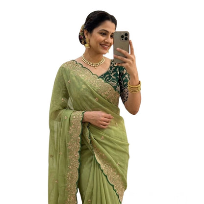 Generic Women's Star Georgette Embroidered Saree With Unstitched Blouse 5.5Mtr (Green)